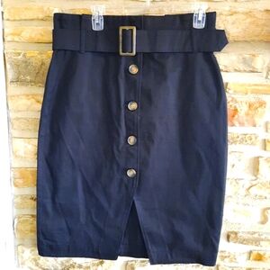 H&M Pencil Skirt Black Button Front Belted Front Split Sz 14